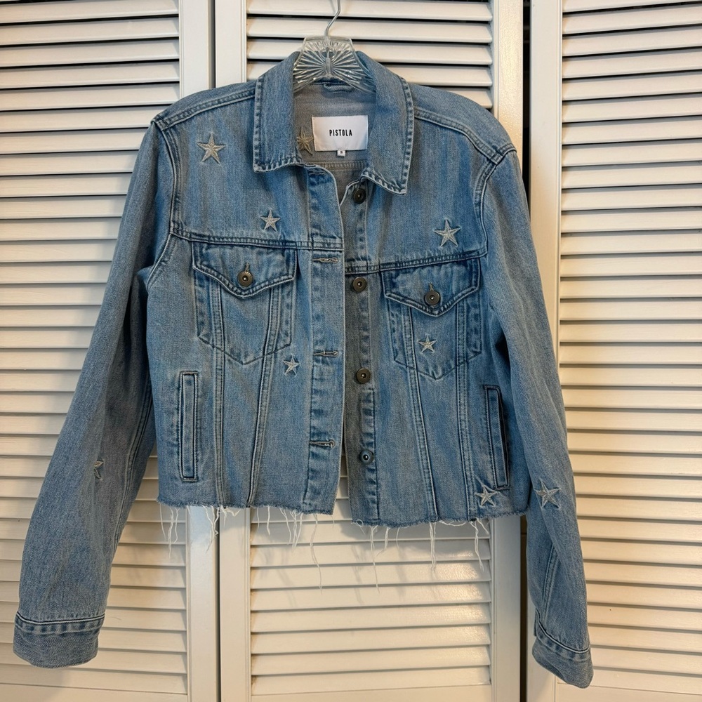 Pistola brando star embroidery cropped denim jacket